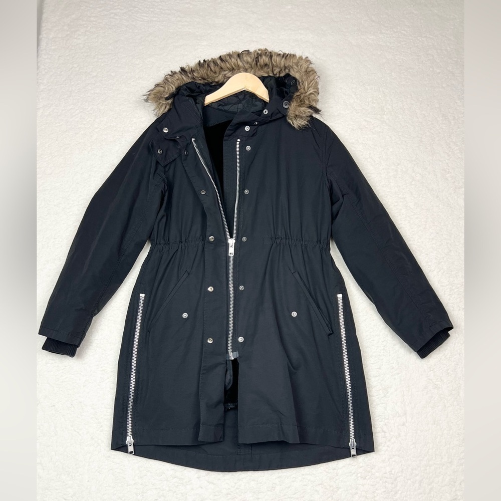 Madewell Black Hooded Ski Jacket with Faux Fur Trim Size Medium